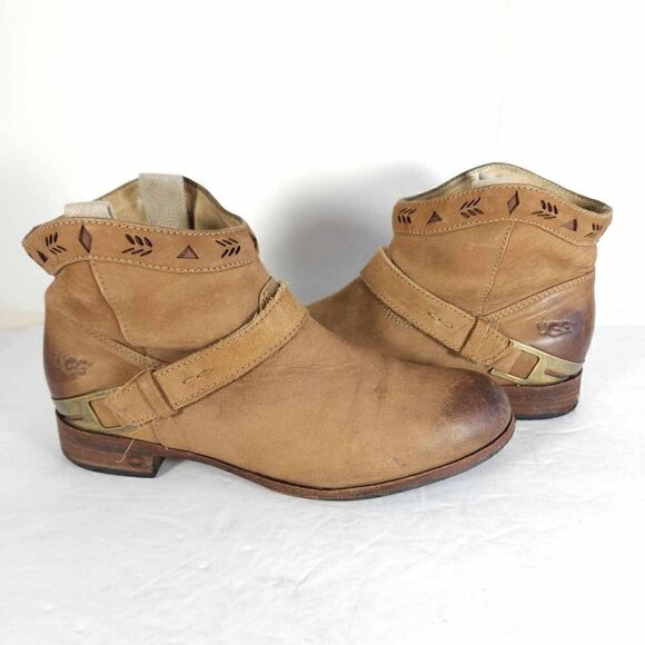 UGG Women's Austin US 6,5 Brown Leather Sheepskin Insole Western Ankle Boots - Picture 7 of 12